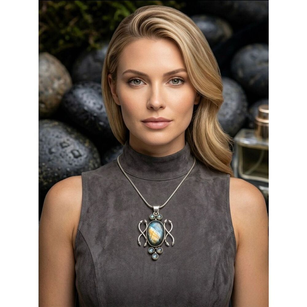 Artisan l Silver Labradorite Necklace Pendant Multi Stone Boho Statement New - Picture 2 of 6